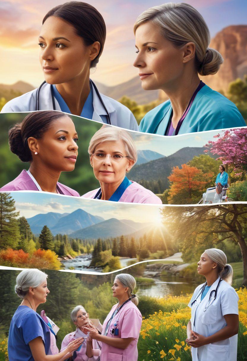 A collage depicting various aspects of cancer care, featuring a comforting hospital setting, a diverse group of medical professionals discussing treatment options, and a serene natural landscape symbolizing survivorship. Include supportive family members, colorful awareness ribbons, and a sense of hope and resilience throughout the image. super-realistic. vibrant colors. soft focus.