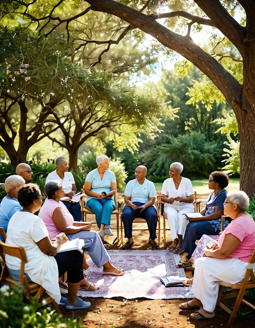 A powerful scene of a diverse group of cancer patients and survivors, gathered in a serene outdoor setting, sharing stories and advice. Emphasize expressions of hope and determination, with soft sunlight filtering through trees. Include supportive symbols like ribbons and wellness tools like journals and herbal teas scattered around. The background should have blooming flowers and gentle breezes, conveying a sense of empowerment and community. vibrant colors. super-realistic. natural light.